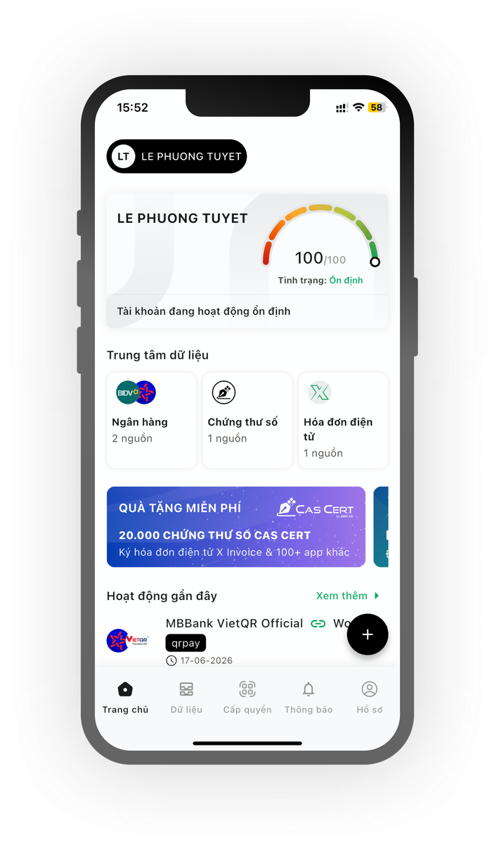 Màn hình chính ứng dụng Cas ID